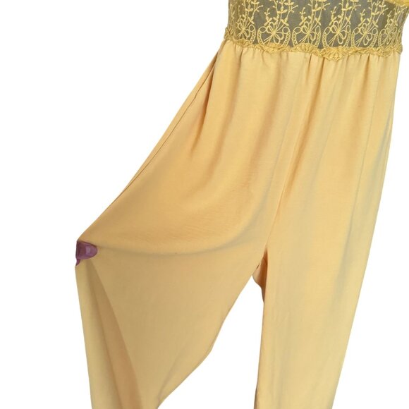 Yellow Lace Overlay Spaghetti Strap Jumpsuit With Tie Back And Sheer Waist Detai - Picture 3 of 8